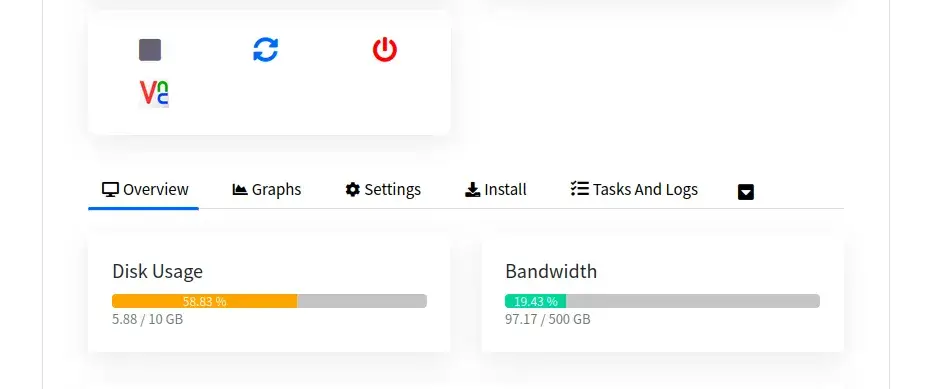 VPS管理面板截图,明确显示500GB流量配额